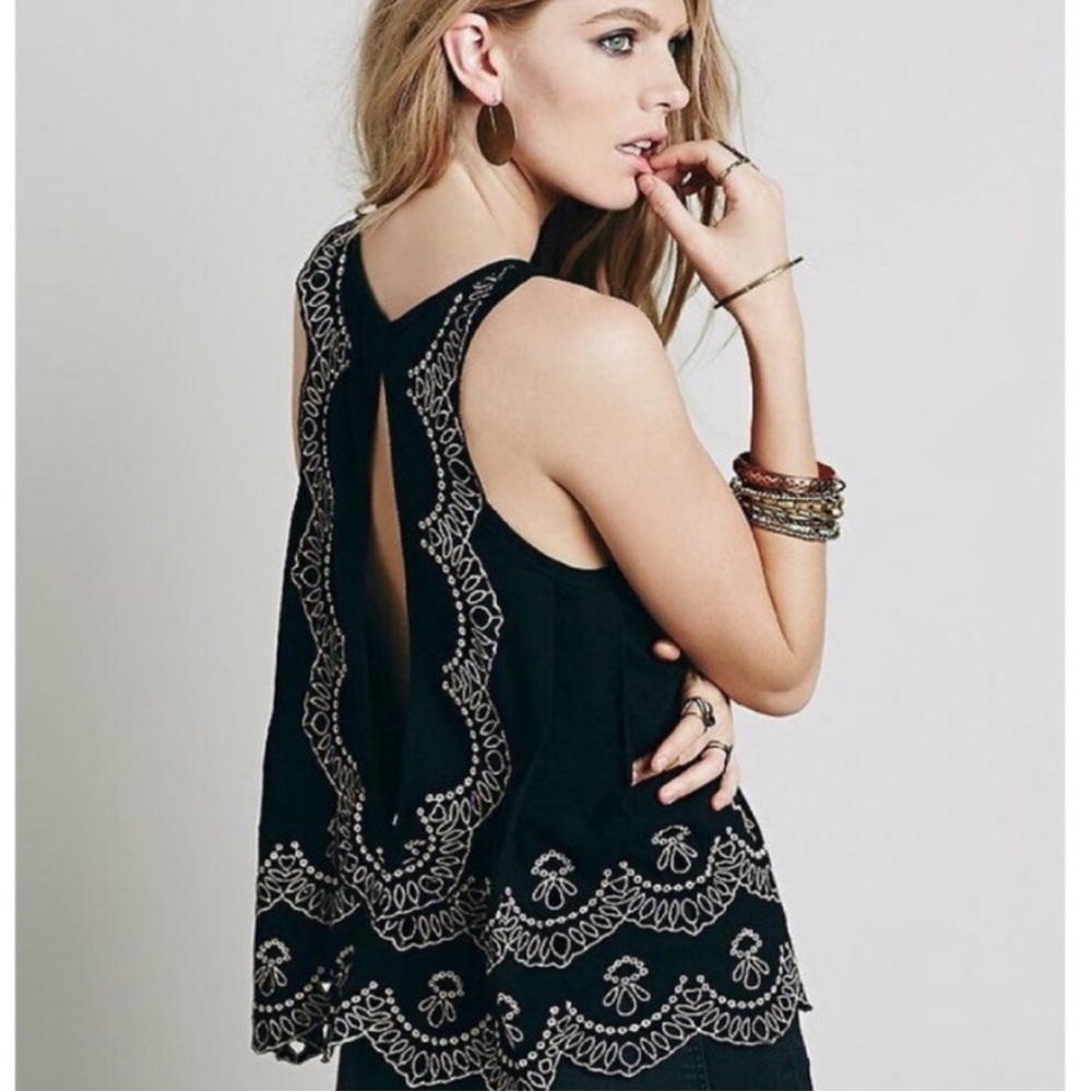Free People Embroidered Open Back Tank Black